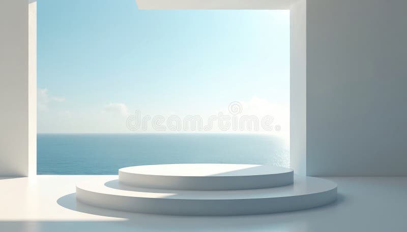 Minimalist white podium with clean lines, angular design in modern open space. Features bright, airy interior with large window vector illustration