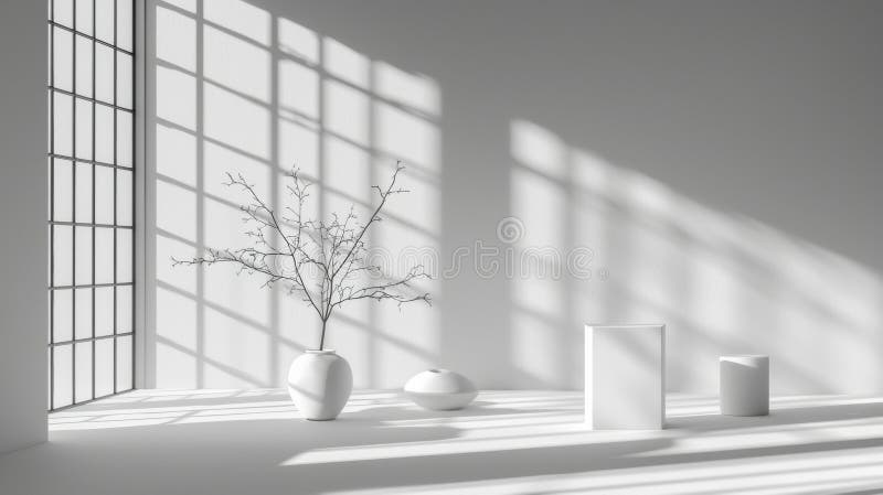 The image presents a minimalist interior scene bathed in soft, diffused light. Dominating the center of the room is a tall, slender vase holding a bare branch, which stands out against the monochrome palette of the room. To the right of the vase, a smaller, round vase is placed. On the left side of the room, a rectangular box-like object is positioned. The room is devoid of any furniture or decorations, with the only objects being the vases and the bare branch. The light source appears to be coming from a large window on the left side of the room, casting long shadows and creating a sense of depth and dimension. Large rectangular light source stock images, royalty-free photos and pictures