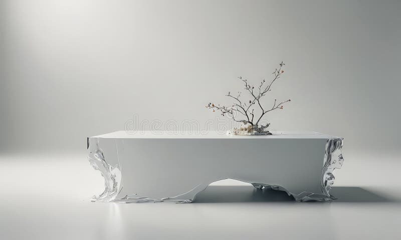 The image depicts a minimalist white table with a small tree branch resting on it, set against a plain white wall. The table is positioned in the center of the frame, with the tree branch extending towards the right side. The background is a stark white, which contrasts with the white table and the tree branch, making them the focal points of the image. The use of light and shadow adds depth and dimension to the scene, with the light source coming from the left side, casting a soft glow on the table and the branch. The table and the branch are the only objects in the image, and their simplicity and lack of other elements create a sense of tranquility and calmness. The overall composition is balanced, with the table and the branch centrally positioned, and the white wall serving as a neutral backdrop that allows the objects to stand out. Plain objects illustrations