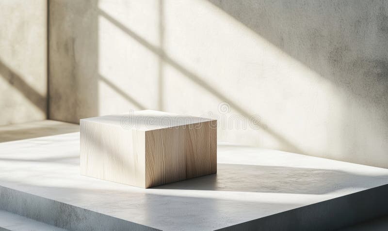 Minimalist wooden cube on concrete pedestal illuminated by natural light, showcasing shadows and textures in a serene royalty free stock images