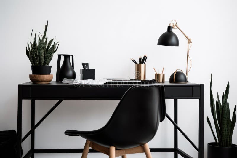 Minimalist Workplace Black Desk and Chair Modern Style Generative Ai