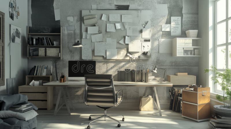 Minimalist Workspace 3D Render Desk Chair and Notes Board in a Bright Modern Interior for Creative Productivity and stock illustration