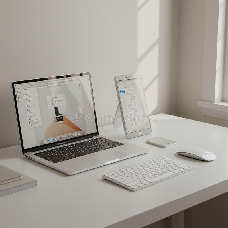 A minimalist workspace featuring a laptop displaying a design interface next to a royalty free illustration