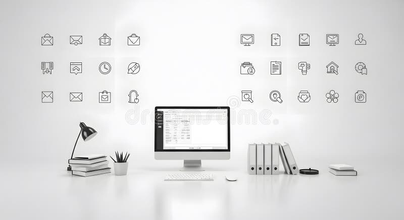 Modern Workspace with Computer Display and Desk Accessories on White Surface vector illustration