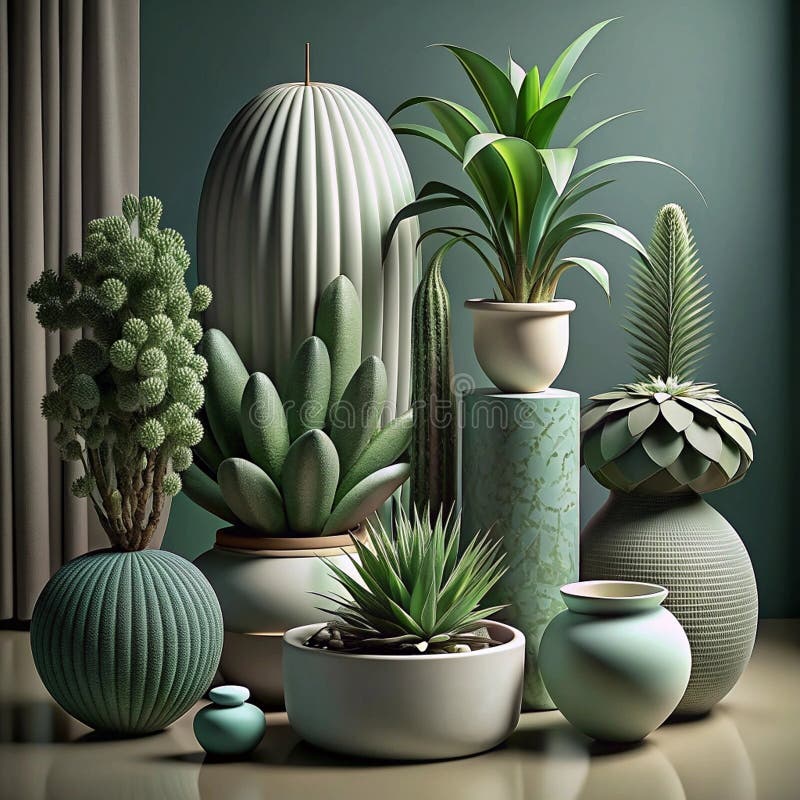 Natură statică minimalistă: Plante la ghiveci și vaze asortate stock photo