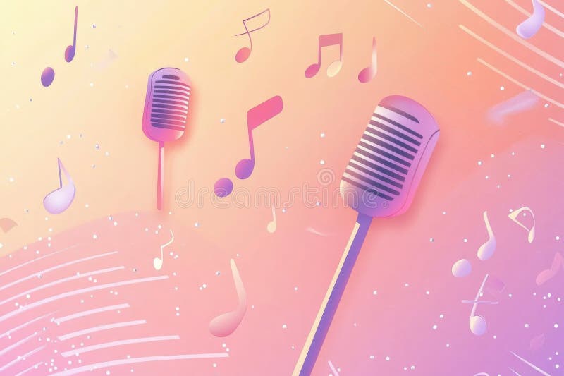 Minimalista K pop inspired tło z kolorowymi mikrofonami i pływającymi nutami. obraz stock