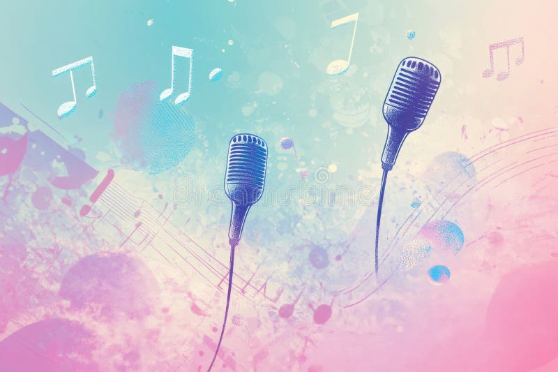 Minimalista K pop inspired tło z żywymi nutami muzycznymi i mikrofonami w twórczej mieszaninie kolorów fotografia royalty free