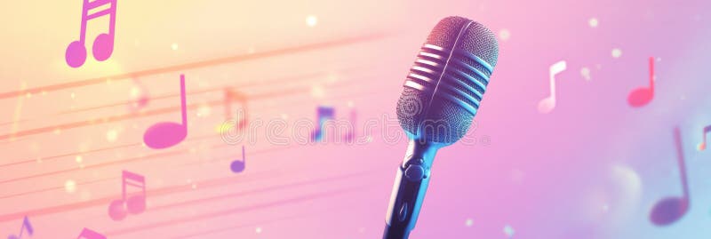 Minimalista K pop inspired tło z żywymi nutami muzycznymi i mikrofonem do wydajnych energetycznie obraz stock
