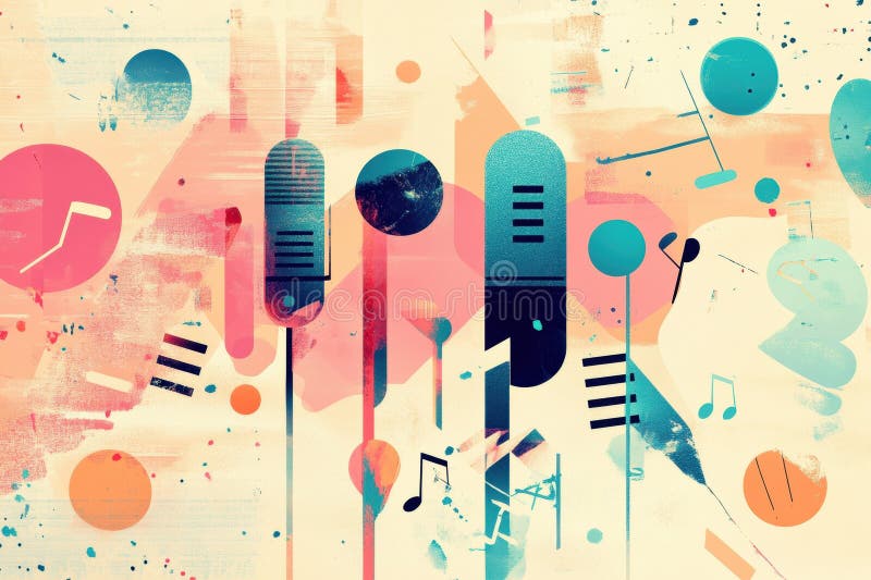Minimalista K pop inspiruje sztukę z żywymi nutami muzycznymi i mikrofonami w energicznej kompozycji. Generacyjna AI zdjęcie stock