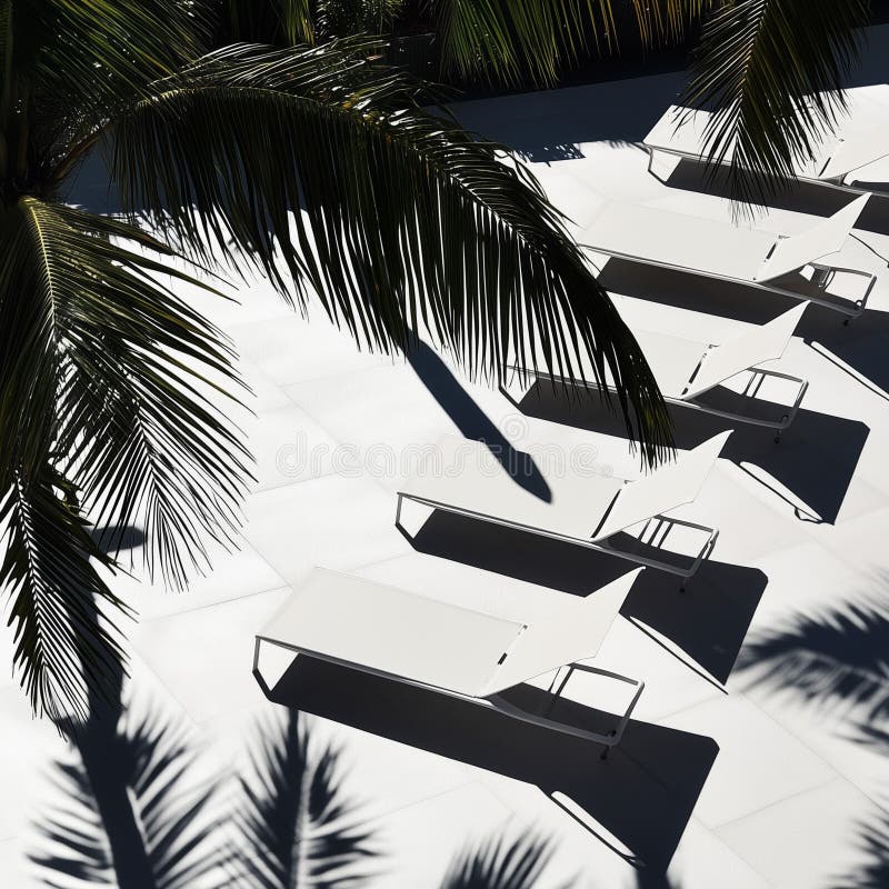 Minimalisti Loungers Bianchi Con Dramatic Palm Shadows In Resoratic Setting Con Copy Space creati con strumenti Generative AI illustrazione di stock