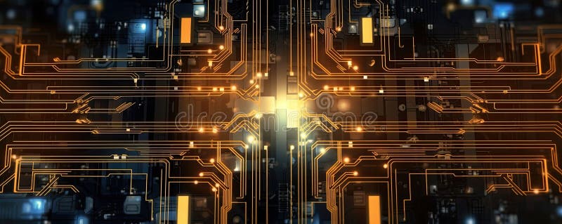 Minimalistic abstract background with circuit board patterns and glowing lines, capturing the essence of technological panorama royalty free illustration