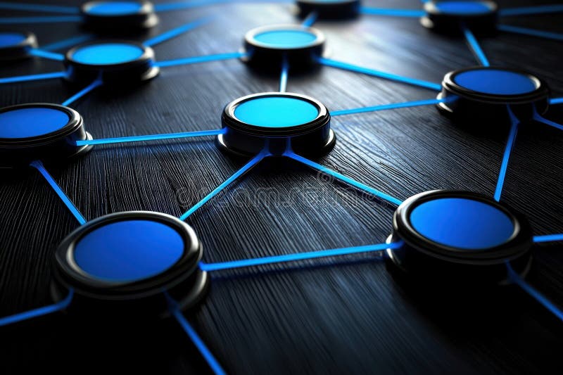 Minimalistic AI Driven Business Network Visualized with Blue Connections on Dark Surface stock photo