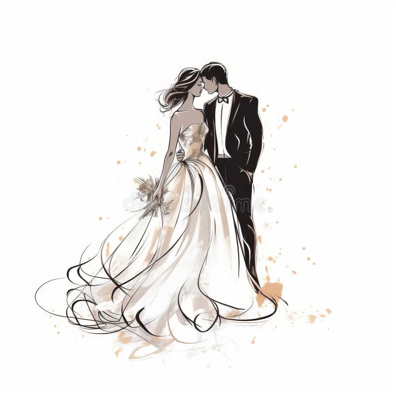 Elegant Hand Drawn Wedding Couple Illustration On White Background vector illustration