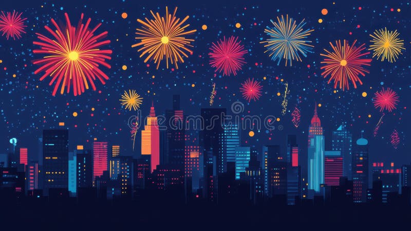 Minimalistic cityscape and graphic fireworks, modern holiday design. Christmas, New Year's Eve royalty free stock image