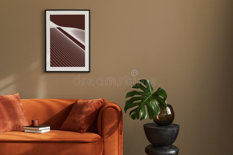 Minimalistic Concept of Stylish Living Room Interior with Design Velvet Ore  Sofa, Mock Up Poster Frame, Black Stool, Pillow. Stock Photo - Image of  empty, interior: 219265590