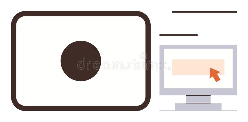 Web design, interface development, usability testing, software interaction, digital tools, user experience. Rectangular button, computer screen clicking cursor. Web design and interface development. Button computer illustrations