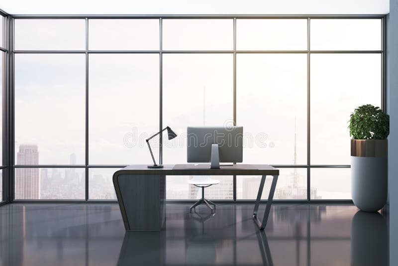 Minimalistic design of office interior with panoramic windows, city view, daylight, workplace with desktop and computer monitor royalty free stock image
