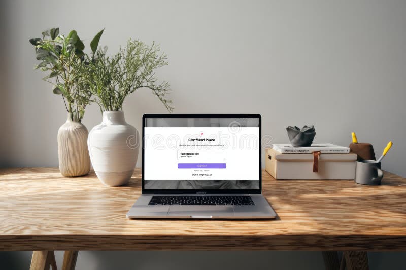 Minimalistic Desktop Setup Featuring a Confirm Purchase Popup With Plants and Stationery on a Wooden Desk Generative AI royalty free stock photo