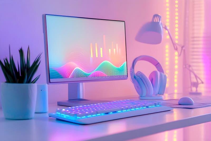 Minimalistic desktop setup with a monitor displaying colorful wave graphics, a backlit keyboard, headphones, and a plant stock image