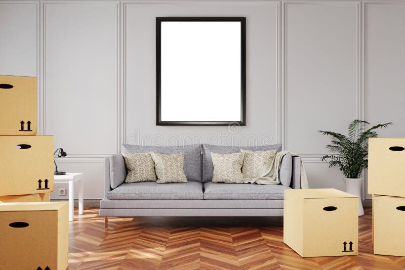 Minimalistic Elegant Living Room Interior with Stacks of Moving Boxes