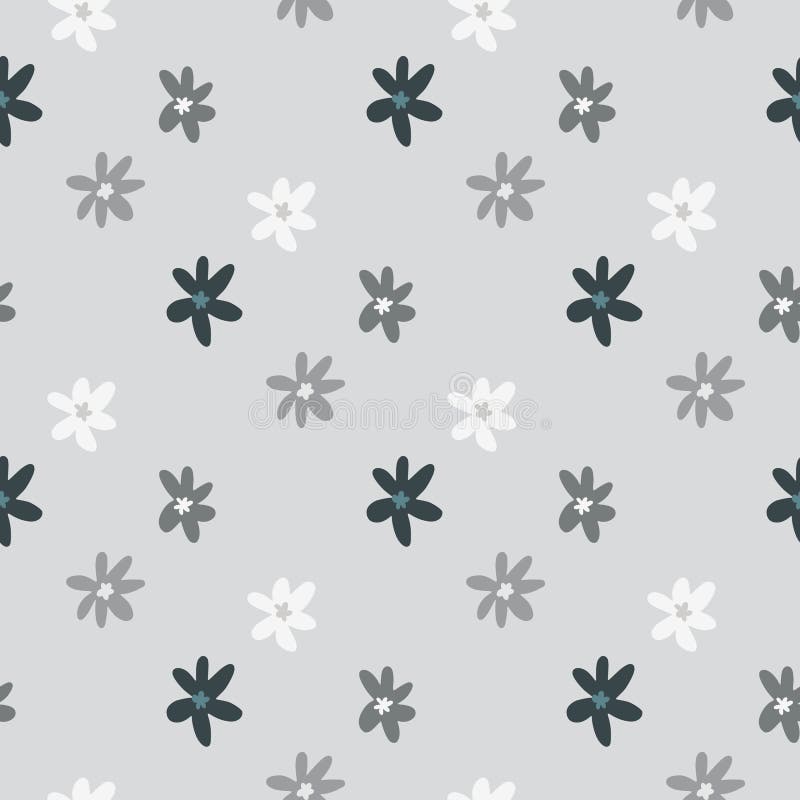 Minimalistic floral patern with abstract daisy silhouettes. Pastel blue background. White and grey botanic elements