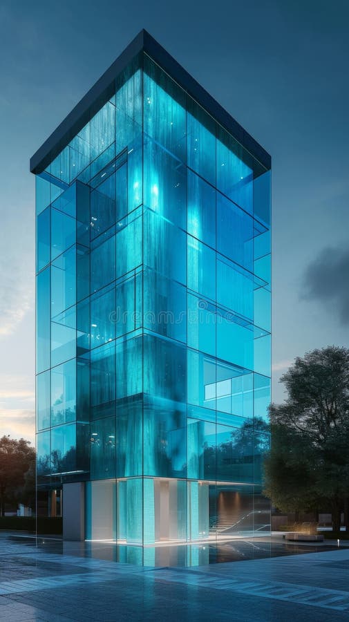 Minimalistic glass tower illuminated with blue lights at dusk royalty free stock images