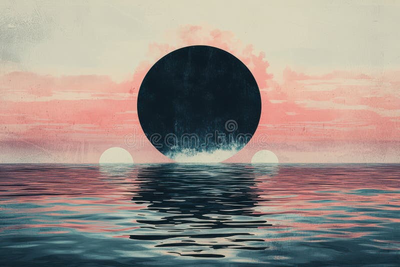 Minimalistic graphic design of oceanic scene with surreal landscape and abstract geometric elements at sunset royalty free stock photos