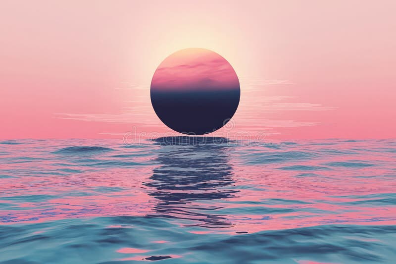Minimalistic graphic design of oceanic scene with surreal landscape and abstract geometric elements at sunset royalty free stock photos