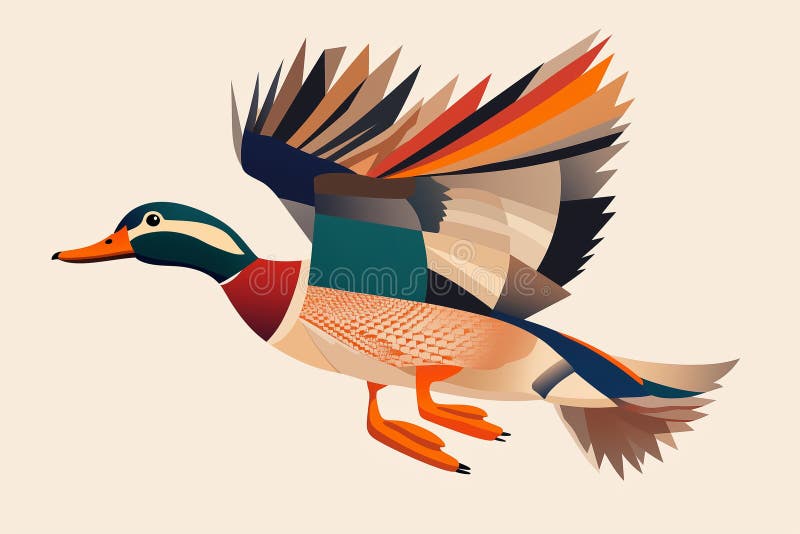 Minimalistic graphic of flying mallard duck, showcasing vibrant colors and geometric shapes. design captures essence of royalty free stock images.