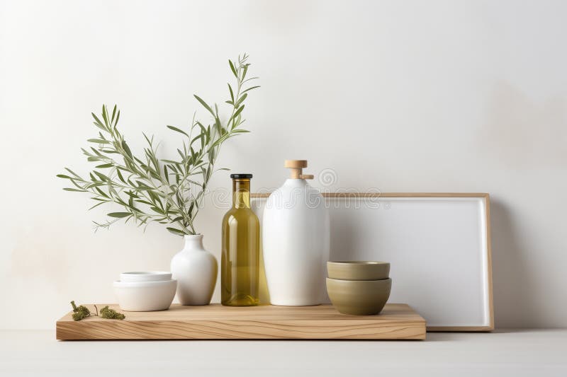 Minimalistic Home Decor with Wooden Shelves, Olive Tree Stock Photo