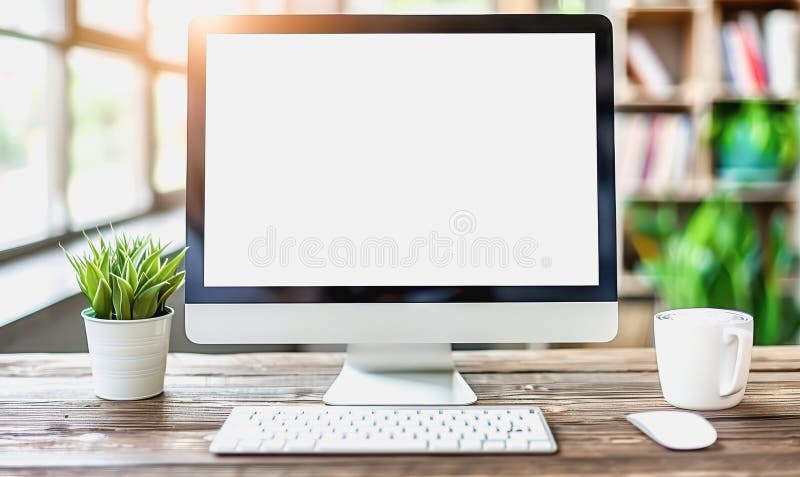 Minimalistic home office with modern desktop computer, wooden desk, bookshelf, natural light stock photo