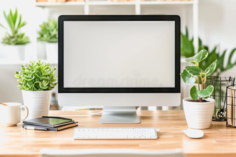 Minimalistic home office with modern desktop computer, wooden desk, bookshelf, natural light stock photography
