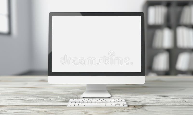 Minimalistic home office with modern desktop computer, wooden desk, bookshelf, natural light royalty free stock images