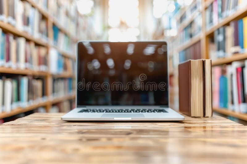 Minimalistic home office with modern desktop computer, wooden desk, bookshelf, natural light stock images