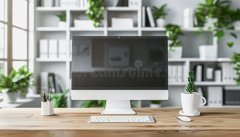 Minimalistic home office with modern desktop computer, wooden desk, bookshelf, natural light royalty free stock photos
