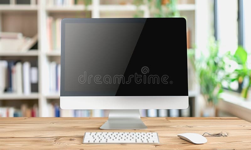 Minimalistic home office with modern desktop computer, wooden desk, bookshelf, natural light stock image