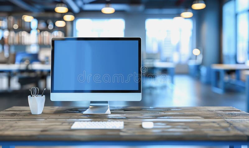 Minimalistic home office with modern desktop computer, wooden desk, bookshelf, natural light stock photos