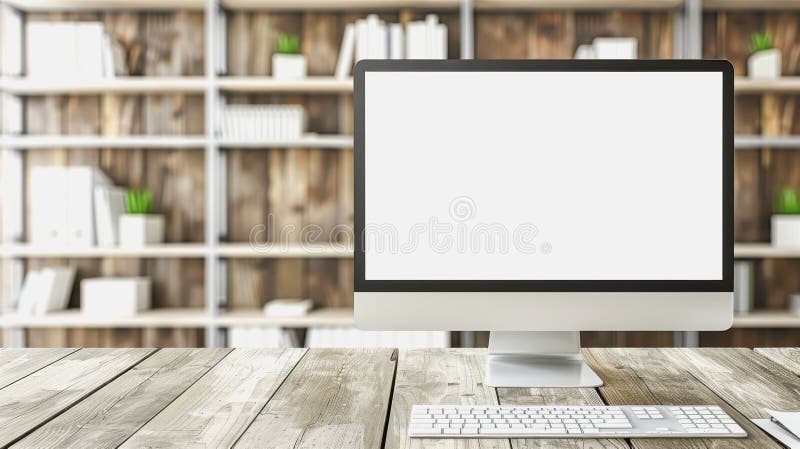 Minimalistic home office with modern desktop computer, wooden desk, bookshelf, natural light stock photo
