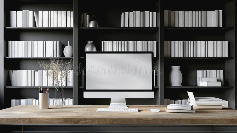 Minimalistic home office with modern desktop computer, wooden desk, bookshelf, natural light stock photography