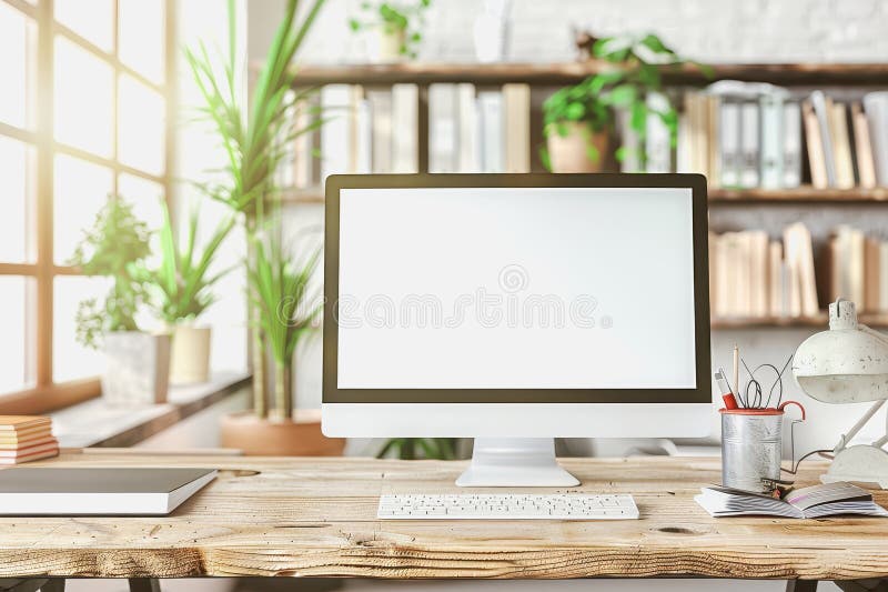 Minimalistic home office with modern desktop computer, wooden desk, bookshelf, natural light royalty free stock photos
