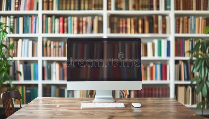 Minimalistic home office with modern desktop computer, wooden desk, bookshelf, natural light stock images
