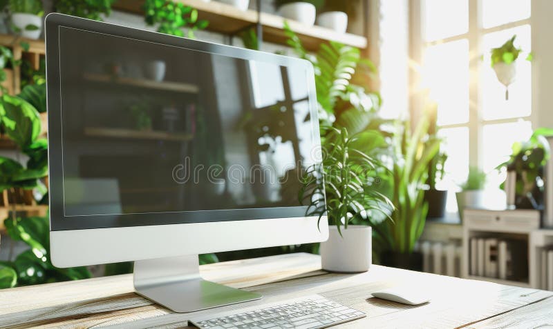 Minimalistic home office with modern desktop computer, wooden desk, bookshelf, natural light stock photo