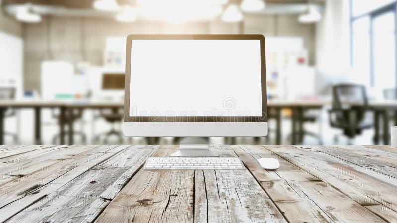 Minimalistic home office with modern desktop computer, wooden desk, bookshelf, natural light stock photo