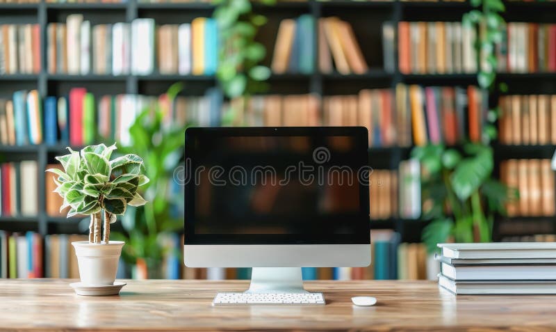 Minimalistic home office with modern desktop computer, wooden desk, bookshelf, natural light royalty free stock photo