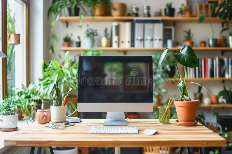 Minimalistic home office with modern desktop computer, wooden desk, bookshelf, natural light stock photography