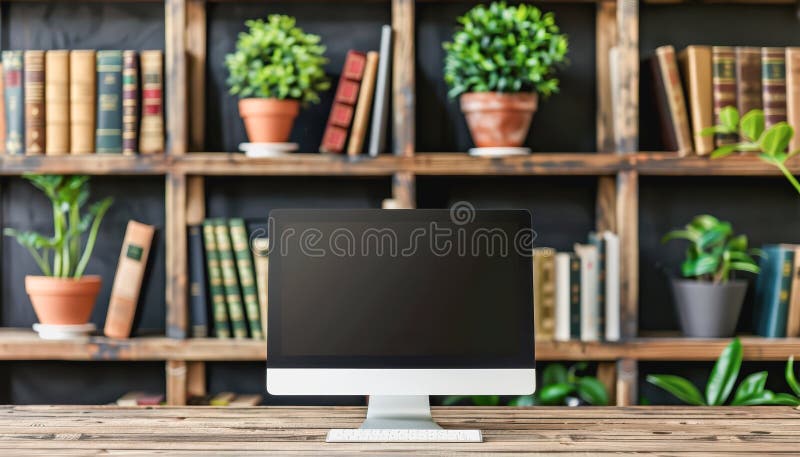 Minimalistic home office with modern desktop computer, wooden desk, bookshelf, natural light royalty free stock image