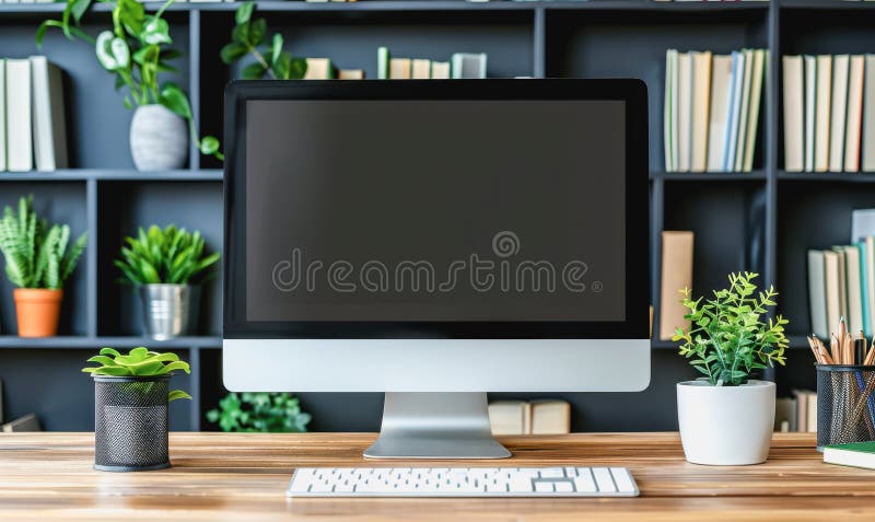 Minimalistic home office with modern desktop computer, wooden desk, bookshelf, natural light royalty free stock photo