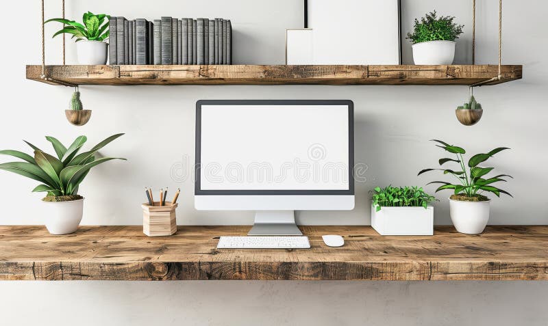 Minimalistic home office with modern desktop computer, wooden desk, bookshelf, natural light stock image