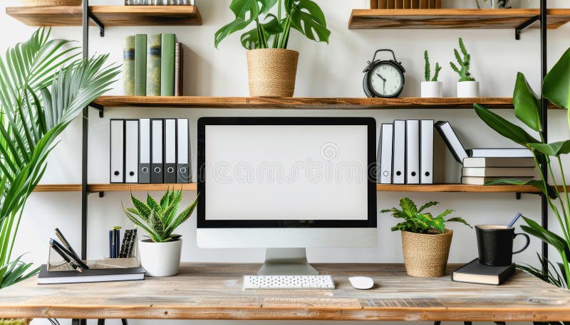 Minimalistic home office with modern desktop computer, wooden desk, bookshelf, natural light royalty free stock photography
