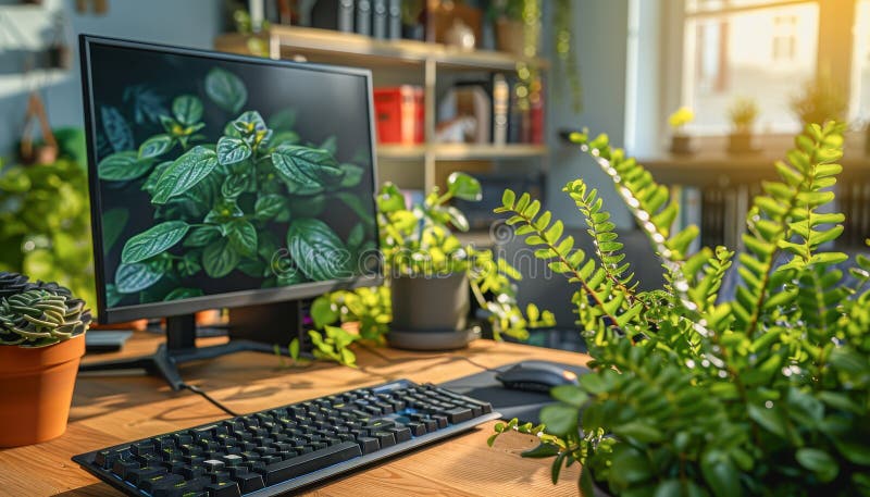 Minimalistic home office with modern desktop computer, wooden desk, bookshelf, natural light royalty free stock photography